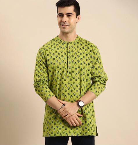 Men Green & Navy Blue Ethnic Motifs Printed Pure Cotton Straight Kurta